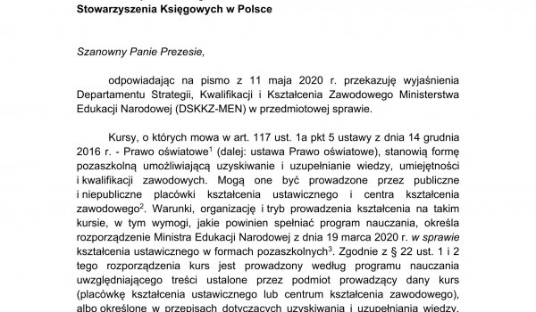 Odpowiedź MEN w sprawie możliwości przeprowadzania przez placówki SKwP egzaminów w trybie stacjonarnym