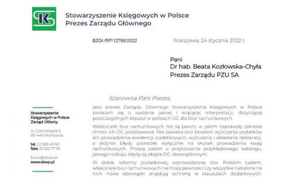 List do prezes PZU SA ws. ubezpieczeń dla biur rachunkowych