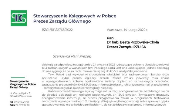 Ubezpieczenia dla biur rachunkowych - kolejne pismo do prezes PZU SA