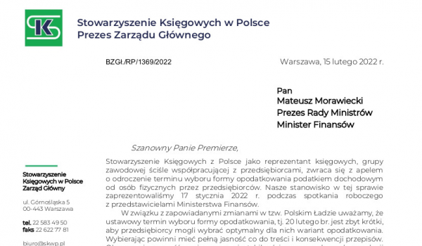 Postulat do premiera o przesunięcie terminu wyboru formy opodatkowania
