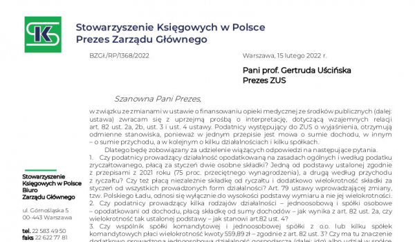 Prośba do prezes ZUS o interpretację przepisów dotyczących opłacania składek od przychodów z różnych tytułów