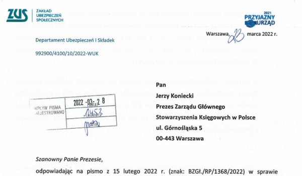 Odpowiedź ZUS na pismo SKwP z 15 lutego br.