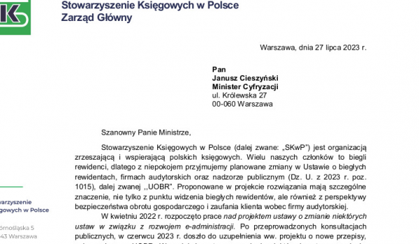 Pismo SKwP do Ministra Cyfryzacji w sprawie planowanych zmian w Ustawie o biegłych rewidentach...