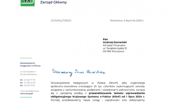 Pismo SKwP do Ministra Finansów w sprawie KSeF